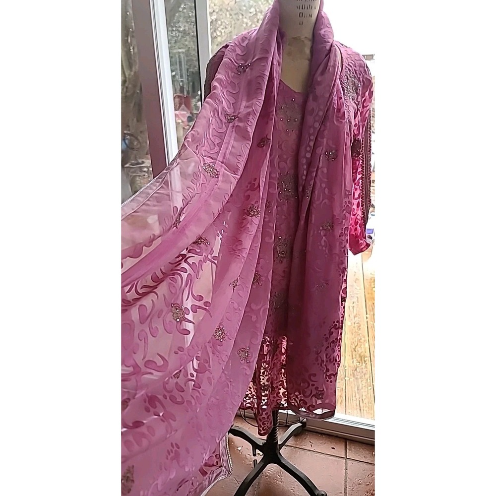Vintage Pakistani 2 Pc Formal Dress Dupatta Silk Blend Hand Embroidered‎ Beaded - Picture 5 of 16